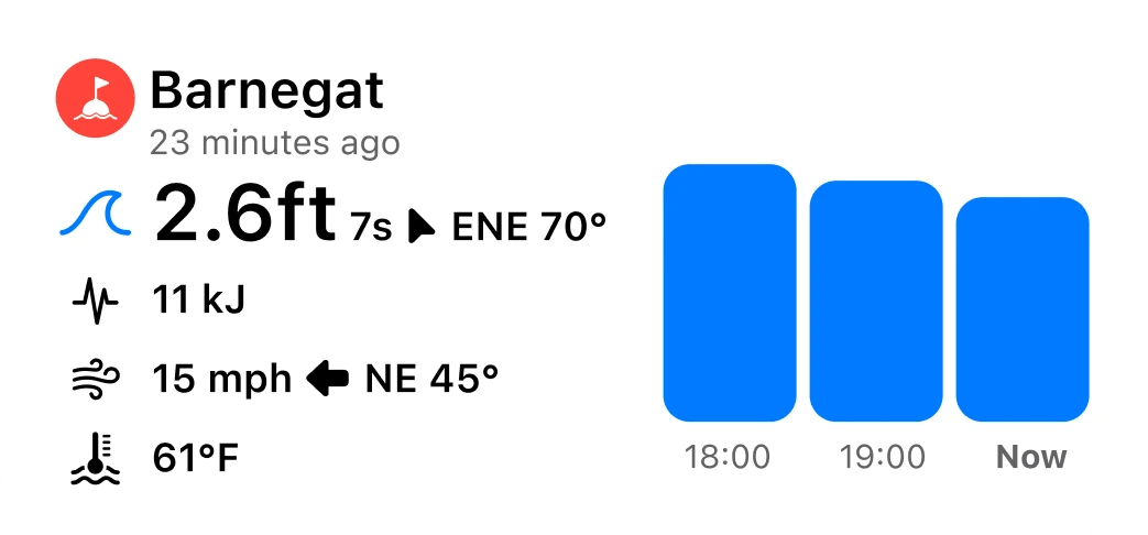 Medium Buoywatch widget for the Barnegat buoy in New Jersey: 2.6 ft at 7 seconds from the east-northeast