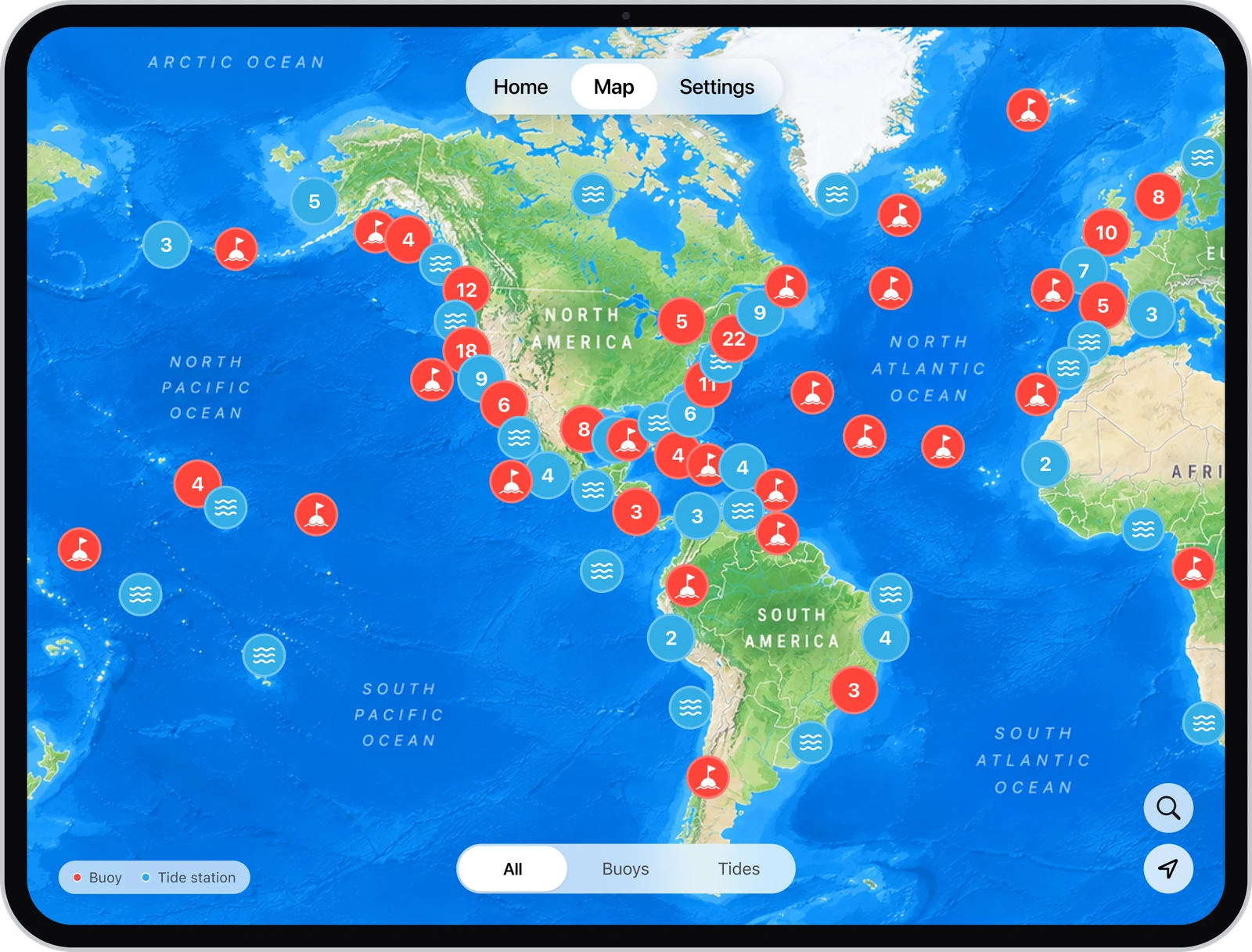 Buoywatch on iPad: the map of buoys and tide stations across the Americas, the Atlantic and the Pacific
