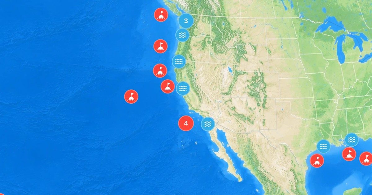 Buoys and tide stations on the Buoywatch map of the western United States and Hawaii
