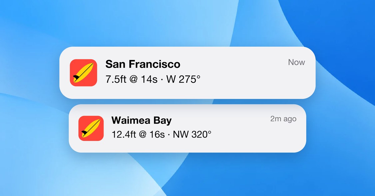 Buoywatch swell alarm notifications for San Francisco and Waimea Bay