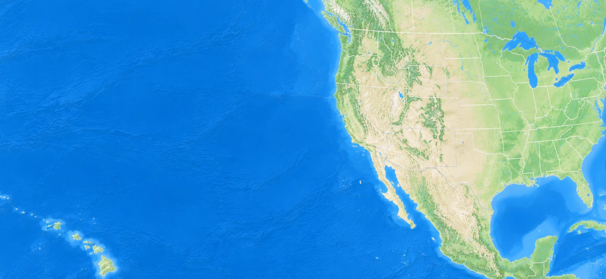 Map of the western United States, the Gulf of Mexico and Hawaii with buoys and tide stations